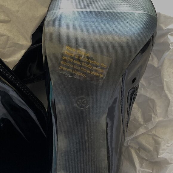 NEW WSKEISP HEELED OVER THE KNEE BOOTS PATENT LEATHER PU CHUNKY BLOCK HEEL (Flaw - Picture 6 of 16